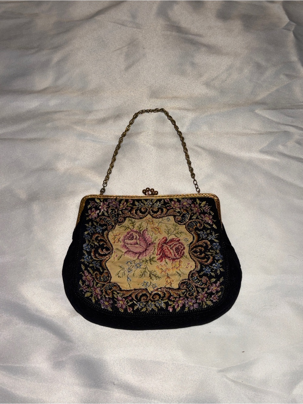 Vintage-Inspired Floral Tapestry Evening Bag in Black and Cream